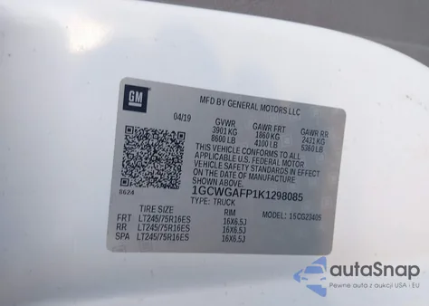 2019 Chevrolet Express 2500 Work Van из США, поврежденный, VIN 1GCWGAFP1K1298085